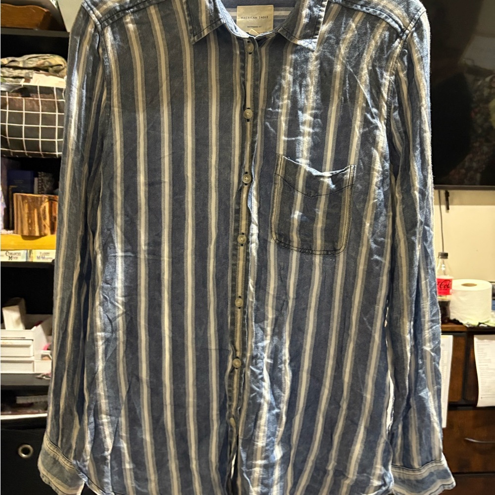 Amazon Essentials Blue and White Striped Shirt NWOT